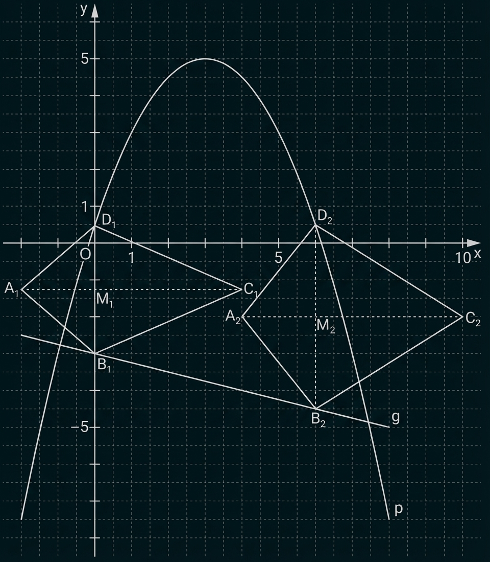 Koordinatensystem mit Parabel, zwei Dreiecken und markierten Punkten A1,B1,C1,A2,B2,C2, Achsenbeschriftung.